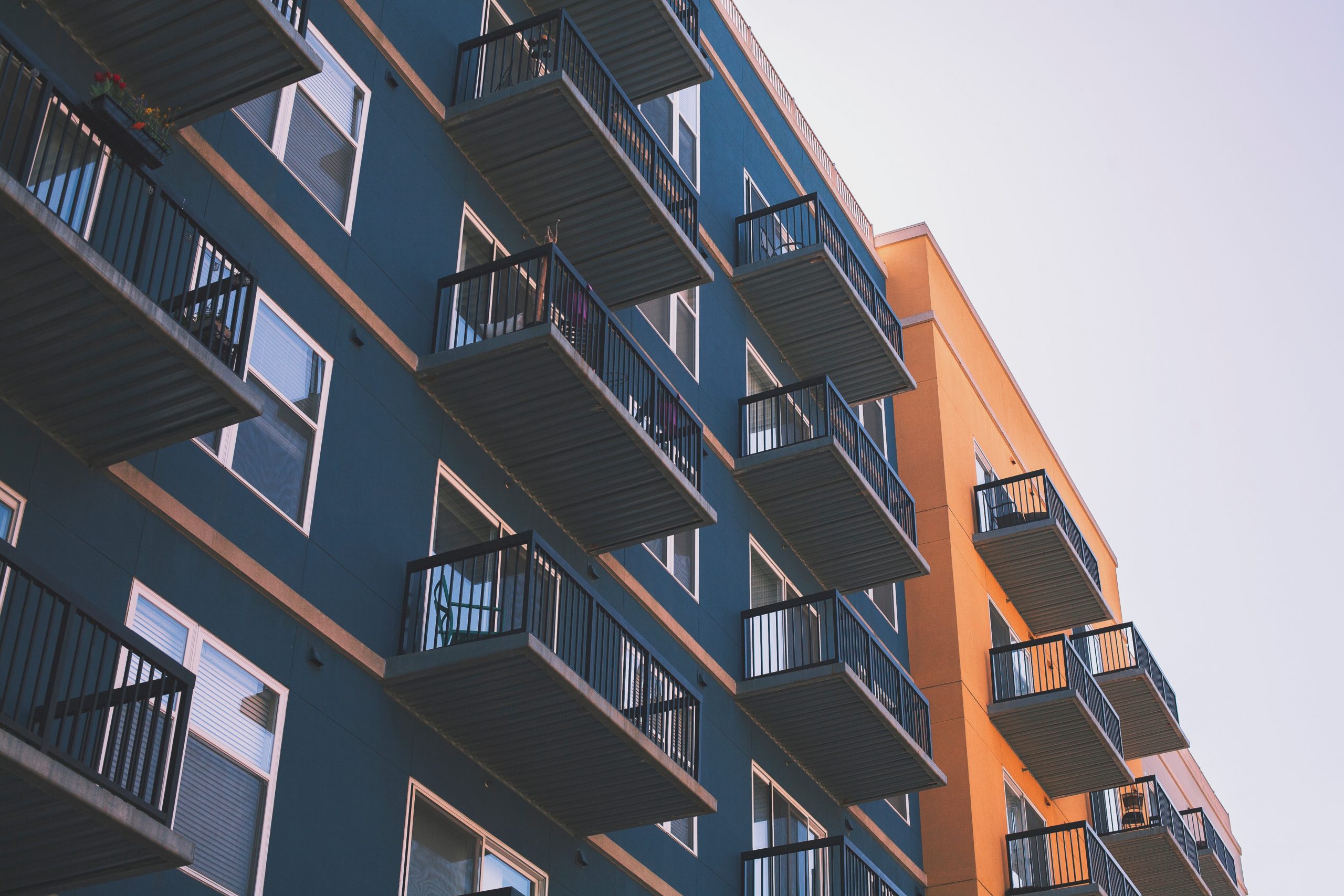 Low view of apartment building balconies