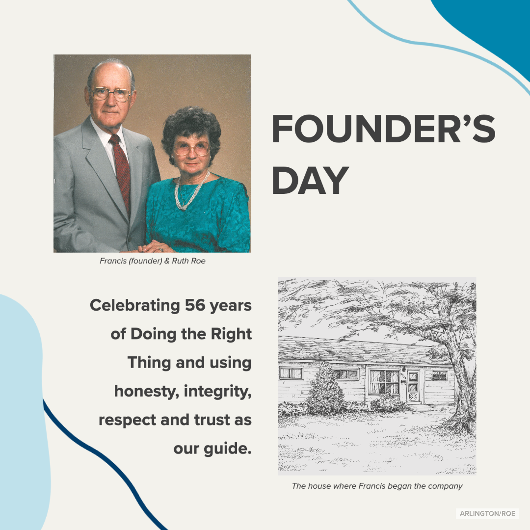 graphic with two people smiling at the camera and a picture of the original Arlington/Roe office with text about Founder's Day